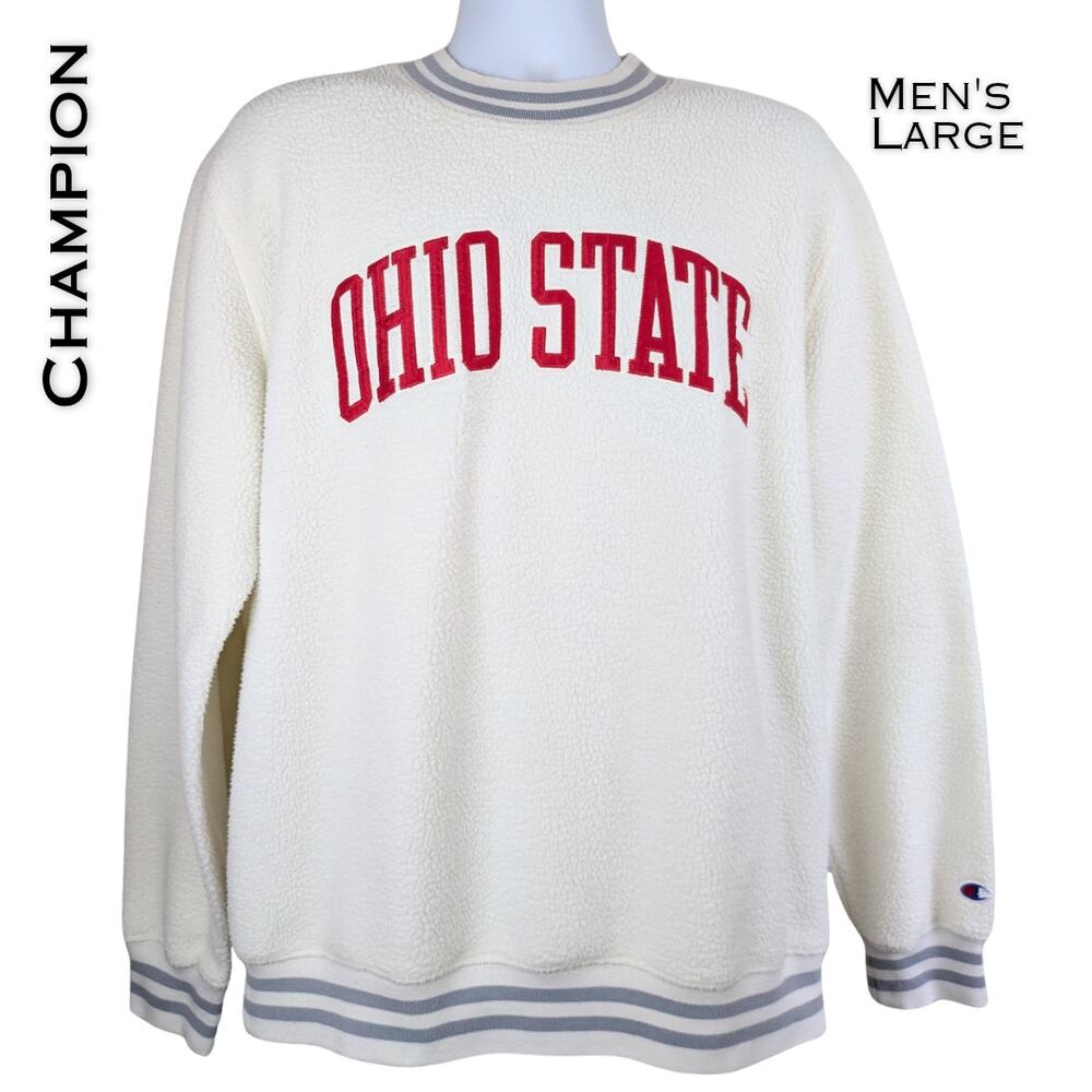Champion Mens Ohio State Sweatshirt Large Cream Sherpa Fleece Embroidered
